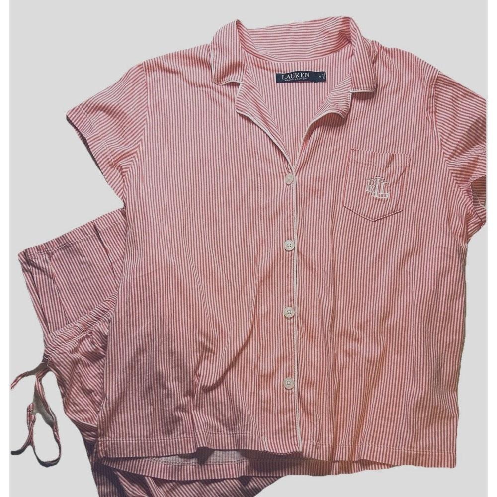 Lauren Ralph Lauren XL Monogram Striped Jersey Notched Collared Pink Pj Set - Picture 2 of 16